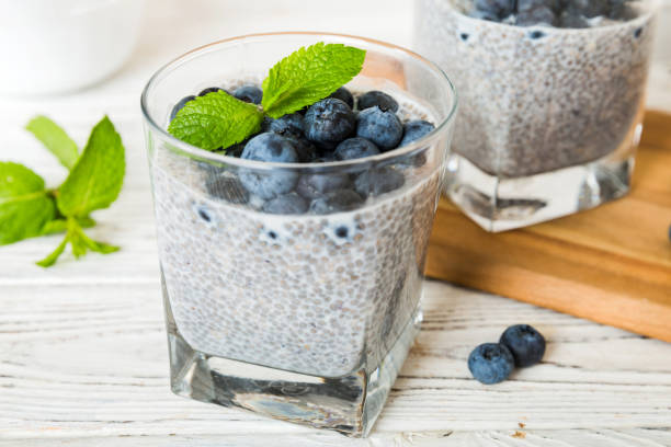 istock Healthy breakfast or morning with chia seeds vanilla pudding and blueberry berries on table background, vegetarian food, diet and health concept. Chia pudding with coconut milk and blueberry 1620894055