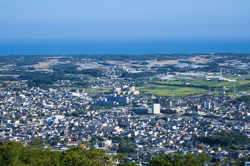 Cityscape, blue sea and sky seen from the observatory of Mt. Zao, Tahara City, Aichi Prefecture