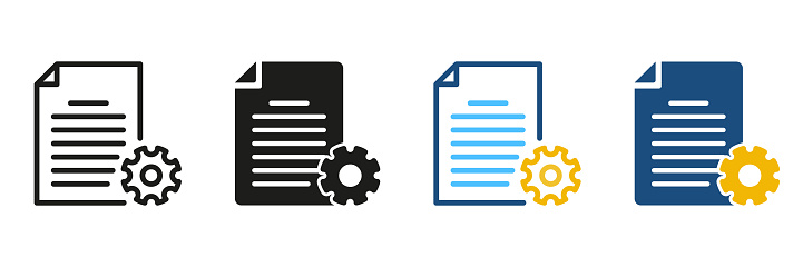 Document with Gear Line and Silhouette Icon Set. Project Management Pictogram. Contract Setting Symbol. Business Development, Work Report, File Agreement Sign. Isolated Vector Illustration.