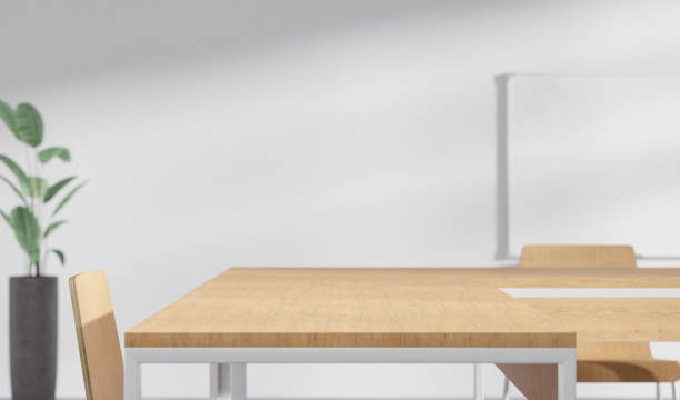 istock Modern office setting, 3d rendering mock up, focus on desk. Digital illustration of an open office with wooden desks 1620902297
