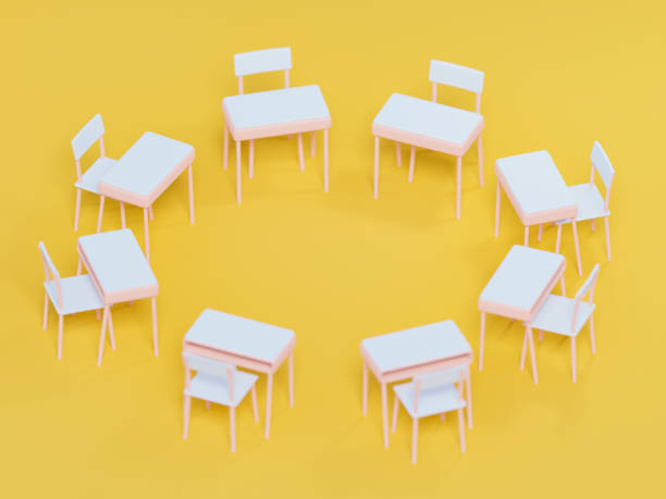 istock Stylized elementary school desk and chairs group, 3d rendering. Digital illustration of a pre-school or kindergarden group in vibrant background 1620902841
