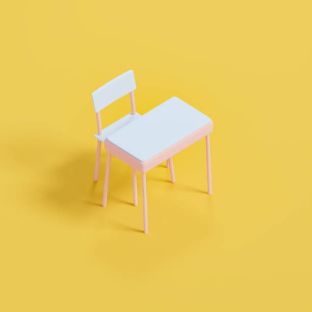 istock Stylized elementary school desk and chair, 3d rendering. Digital illustration of a pre-school or kindergarden desk in bright background 1620902849