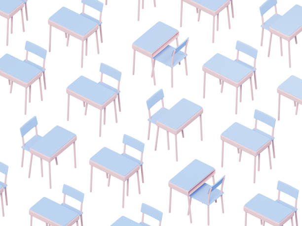 istock Stylized elementary school desk and chairs pattern, 3d rendering. Digital illustration of a pre-school or kindergarden group in isolated background 1620902881