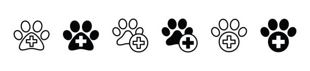 ilustraciones, imágenes clip art, dibujos animados e iconos de stock de vector de iconos de hospitales o clínicas de animales y mascotas. hospital veterinario, pata de perro y gato con símbolo de icono de cruz roja en línea y estilo plano. ilustración del vector de atención médica - clínica veterinaria