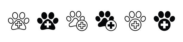 Animal and Pet hospital or clinic icons vector. Veterinary hospital, dog and cat paw with red cross icon symbol in line and flat style. Medical care vector illustration Animal and Pet hospital or clinic icons vector. Veterinary hospital, dog and cat paw with red cross icon symbol in line and flat style. Medical care vector illustration animal hospital stock illustrations