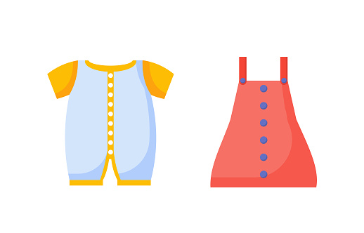 Set of clothes for babies concept. White rompers and red dress. Comfortable clothes for hot weather and summer season. Cartoon flat vector collection isolated on white background