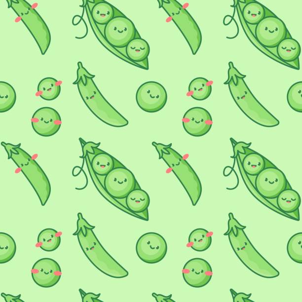 ilustraciones, imágenes clip art, dibujos animados e iconos de stock de patrón sin costuras de lindos personajes de guisantes. - green pea pea pod vegetable cute