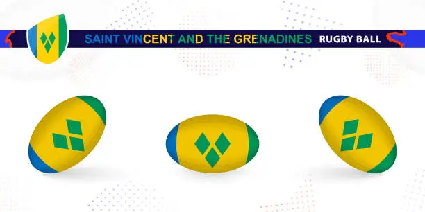 Vector illustration of Rugby ball set with the flag of Saint Vincent and the Grenadines in various angles on abstract background.