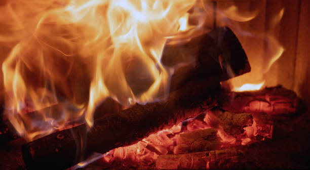 istock Fire flames and burning wood logs, fireplace close up, 1620913761