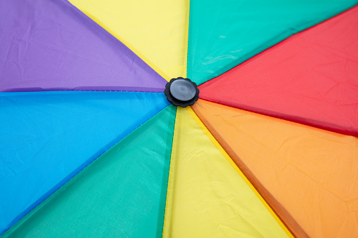 Rainbow colors umbrella closeup, a vibrant display of colors background