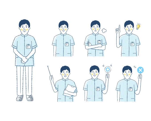 zestaw różnych wyrazów twarzy męskiego pracownika medycznego - male nurse nurse scrubs white background stock illustrations