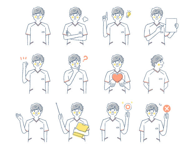 zestaw różnych wyrazów twarzy męskiego pracownika medycznego - male nurse nurse scrubs white background stock illustrations