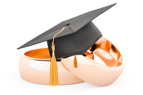 Golden wedding rings with education hat. 3D rendering isolated on white background