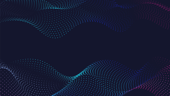 Abstract dotted wave line particle of blue design element on dark black background
