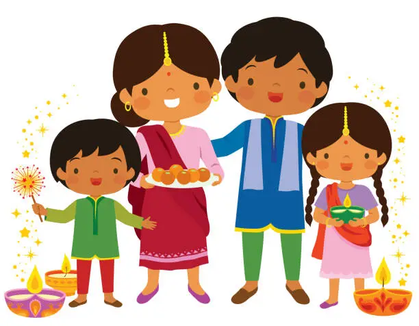 Vector illustration of Diwali with the family