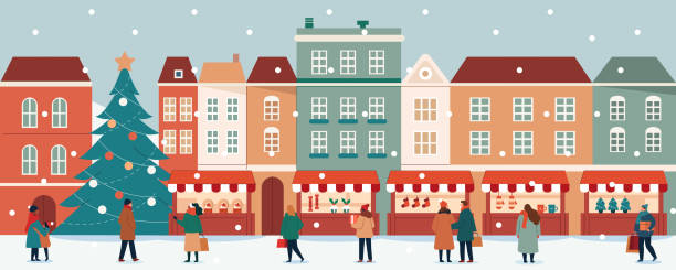 ilustraciones, imágenes clip art, dibujos animados e iconos de stock de mercado navideño  - shopping christmas women retail