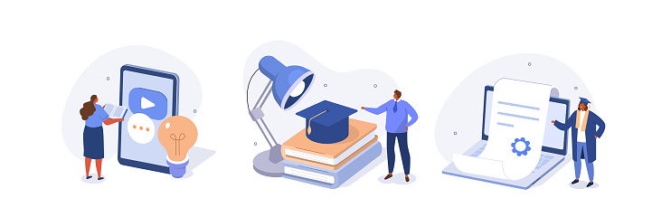 Education concept illustrations set. Students studying with book online on educational platform and achieving academic certificate or diploma. Vector illustration.