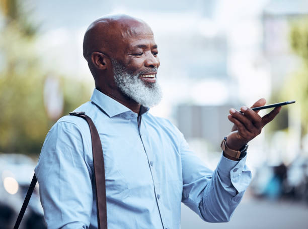 istock Black man, phone and and communication voice in city for conversation, networking connection or travel. Happy businessman, outdoor and mobile recording on smartphone, audio chat and virtual assistant 1620956583