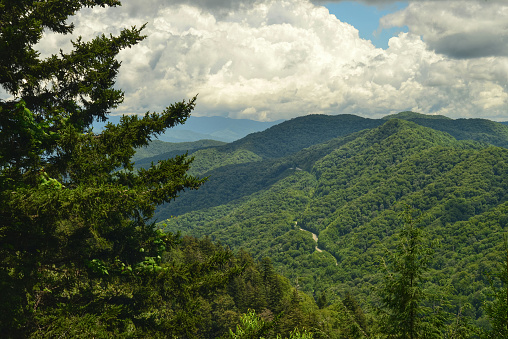 View from the popular New Found Gap overlook in the Great Smoky Mountains National Park. New Found Gap lies right on the border of Tennessee and North Carolina.