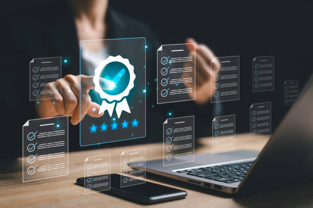 istock Standard quality document control, ISO certified Assessment with business concept, Business women evaluation online survey exam choose the right answer in the exam international standard certification 1620971387