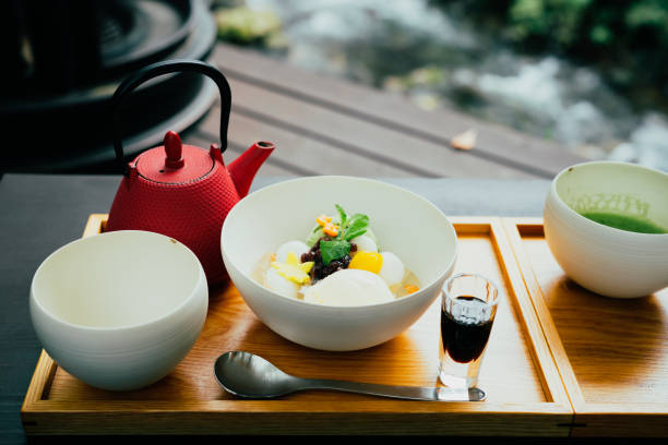 Japanese sweets and matcha green tea at a riverside cafe