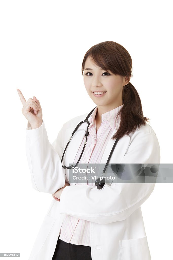 one Medicine doctor woman pointing one gesture, half length closeup portrait on white background. Adult Stock Photo