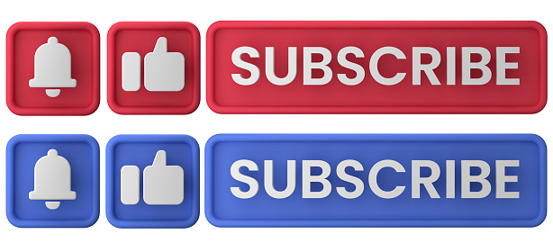 3d rendering of  Subscribe Button, Like Button and Notification Bell Button. Suitable for vlog or youtube asset. 3d icons set with red and blue color theme