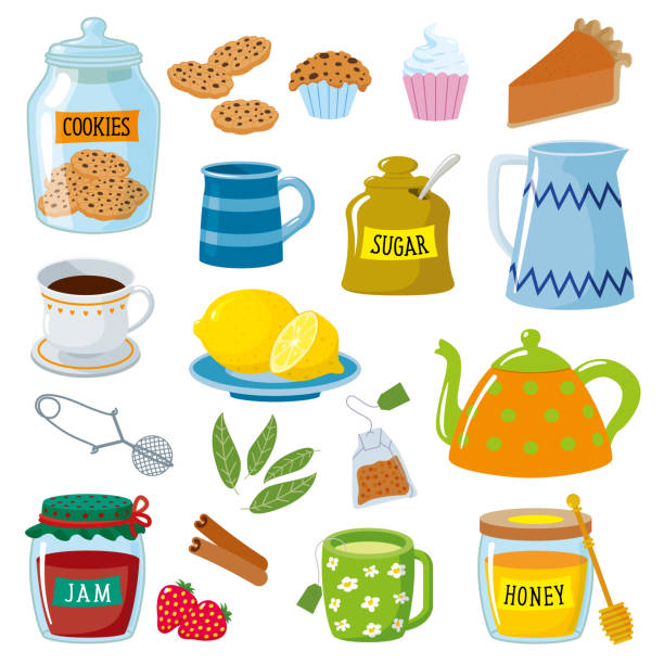 ilustrações de stock, clip art, desenhos animados e ícones de tea breakfast party with jars, cookies and other desserts - tea afternoon tea tea party cup