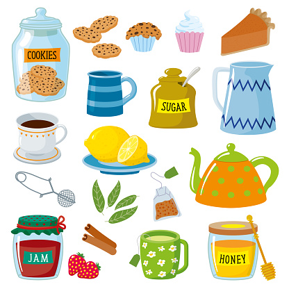 Vector Illustration of a colourful and beautiful Tea Breakfast Party with Jars, ceramic teapots, Cookies and Other Desserts.