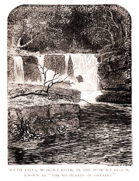 South Falls by Lake Muskoka , Ottawa, Canada, North American Geography South Falls in the Lake Muskoka region, Ottawa, Canada. Sepia-toned illustration engraving published 1890. This illustration is in my private collection. Copyright is in public domain. adirondack mountains stock illustrations