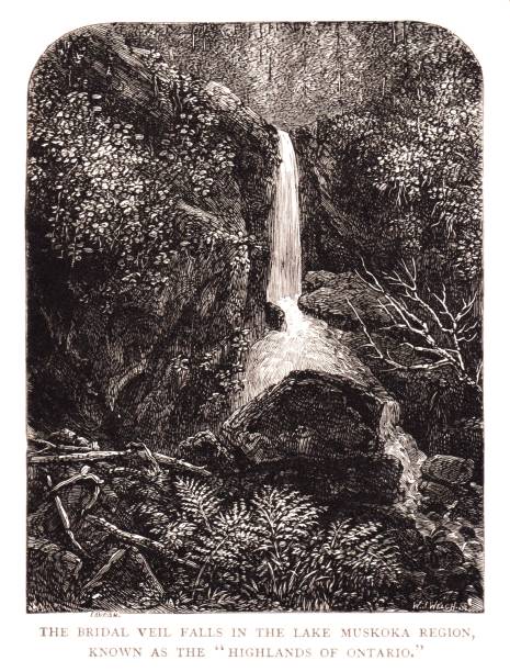 Bridal Veil Falls by Lake Muskoka , Ottawa, Ontario, Canada, North American Geography Bridal Veil Falls in the Lake Muskoka region, Ottawa, Ontario, Canada. Sepia-toned illustration engraving published 1890. This illustration is in my private collection. Copyright is in public domain. adirondack mountains stock illustrations