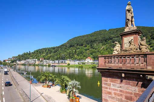 Heidelberg, Germany, August, 10., 2023 - View to the Neckar in Heidelberg with the \