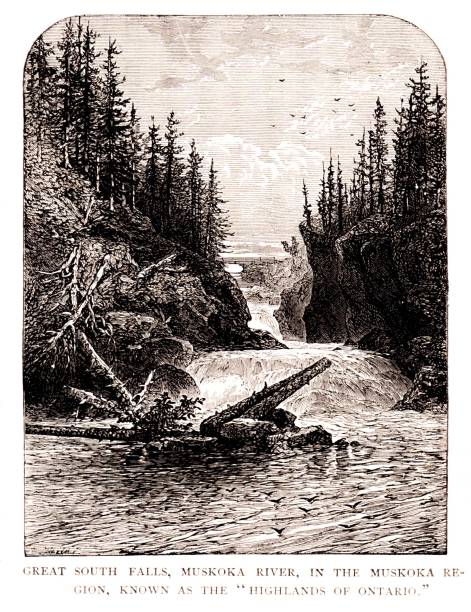 Great South Falls by Lake Muskoka , Ottawa, Ontario, Canada, North American Geography Great South Falls in the Lake Muskoka region, Ottawa, Ontario, Canada. Sepia-toned illustration engraving published 1890. This illustration is in my private collection. Copyright is in public domain. adirondack mountains stock illustrations