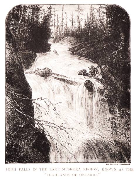 High Falls by Lake Muskoka , Ottawa, Ontario, Canada, North American Geography High Falls in the Lake Muskoka region, Ottawa, Ontario, Canada. Sepia-toned illustration engraving published 1890. This illustration is in my private collection. Copyright is in public domain. adirondack mountains stock illustrations