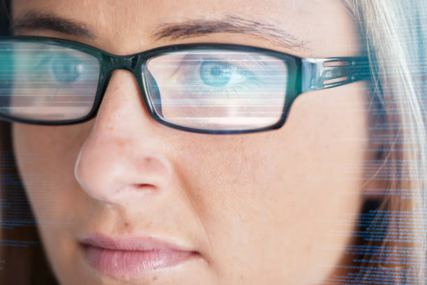 istock Face, vision and glasses with code, woman in business and programming, data analysis and information technology. Digital overlay, serious female and focus, coding and software development reflection 1621034934