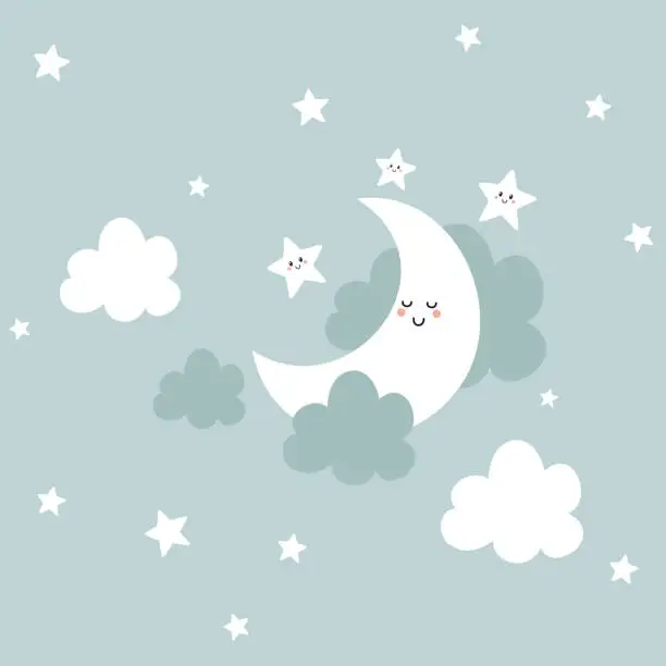 Vector illustration of Cute background with sleeping moon, stars and clouds.