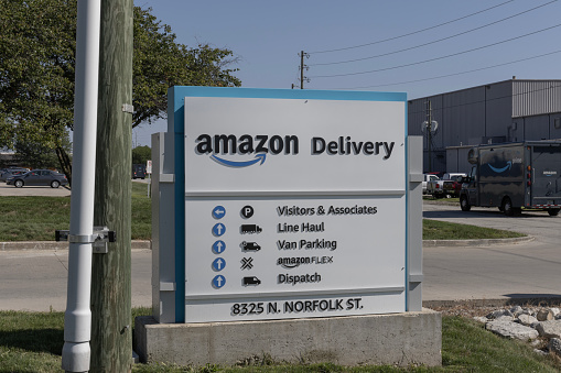 Indianapolis - August 16, 2023: Amazon Hub and delivery location. Amazon is the largest internet retailer in the US and celebrates Prime Day.