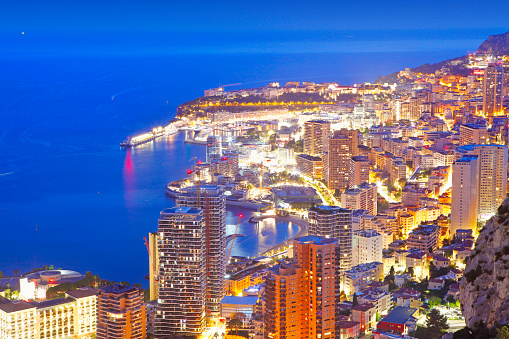 Aerial view of Monaco city by night