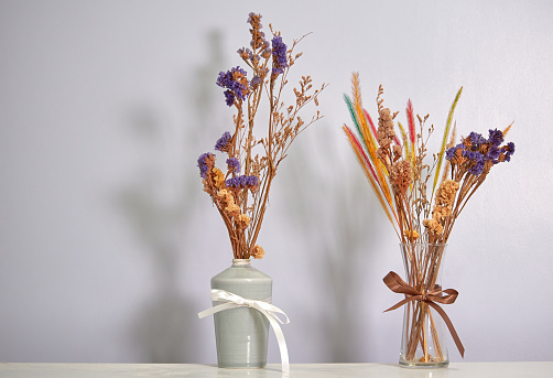 A vases of dry flower by the white wall