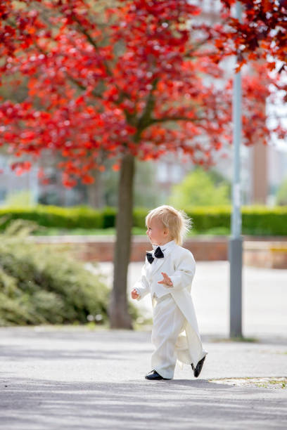 タキシードの美しい幼児の男の子、結婚式の日に公園で遊んで - single lane road footpath flower formal garden ストックフォトと画像