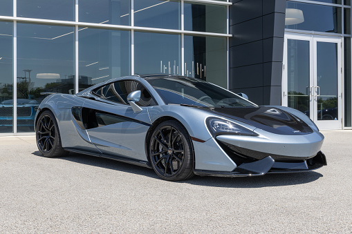 Indianapolis - August 16, 2023: McLaren GT display with a twin-turbocharged 4.0-liter V8 engine. McLaren offers the GT in a single trim level.