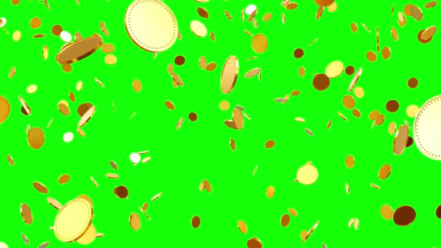 3D animation of gold coins flowing from top side. Gold coins shower. Green screen video.