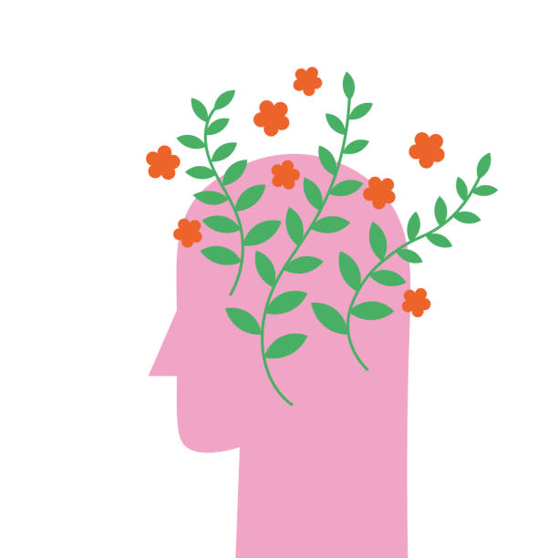 human head with flowers and plants.mental health positive thinking as  way of thinking vector flat illustration, concept happy thoughts. psychology and lifestyle. design elemen for print, poster, card - 動畫 幅插畫檔、美工圖案、卡通及圖標