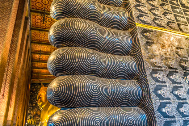 Colorful Reclining Buddha Feet Wat Phra Chetuphon Wat Pho Po Temple Complex Bangkok Thailand. Temple built in 1600s. Reclining Buddha built in 1832.