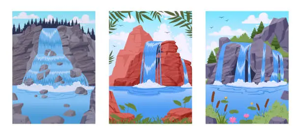 Vector illustration of Cartoon waterfall landscapes. River waterfall with rocks and trees, streaming water cascade posters flat vector illustration set. Wild nature waterfall design