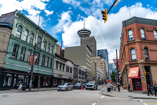 Vancouver, British Columbia - July 25, 2023: Historic streets in Gastown, Vancouver, Canada.