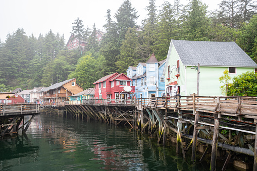 Ketchikan, Alaska during a cloudy afternoon. Creek Street, the historic waterfront.