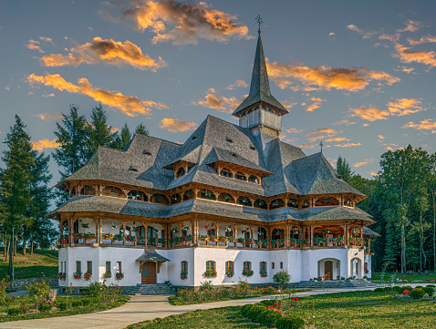 Building from monastic complex that includes the wooden buildings of Sapanta-Peri Monastery, Maramures, Romania.