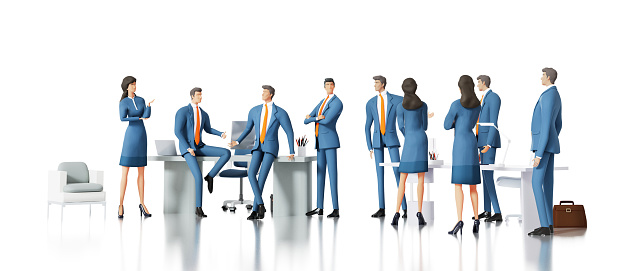 Business people having a meeting, discussing a deal, sharing ideas and working together. 3d rendering illustration
