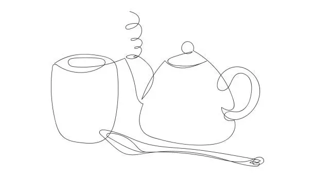 Vector illustration of Japanese tea drinking set, teapot, cup, spoon, drawing in one line style on a white background. Vector illustration